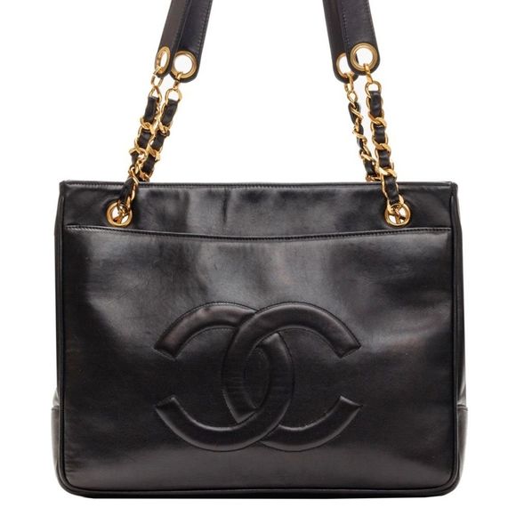 Deca Coco Square Type Double Chain Shoulder Lambskin Black Gold Metal Fittings - Picture 1 of 9